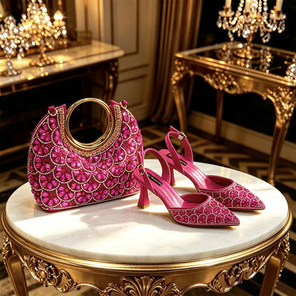 2026 New INS Italian Design Fuchsia Rhinestone Pointed Toe High Heels with Matching Handbag Set Elegant Wedding and Party Shoe