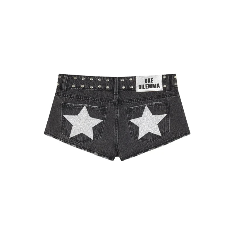 Y2K Low Waist Denim Shorts Women European American Casual Contrasting Loose Fashionable Back Sequin Star Print Hot Pants