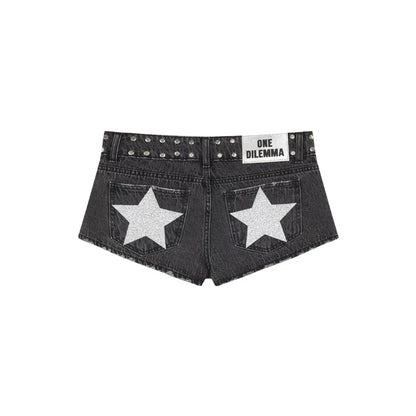 Y2K Low Waist Denim Shorts Women European American Casual Contrasting Loose Fashionable Back Sequin Star Print Hot Pants