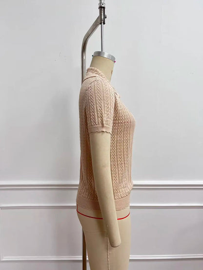 Women's short-sleeved button-down slim-fit pullover sweater with polo collar and Peter Pan collar, new spring/summer top.