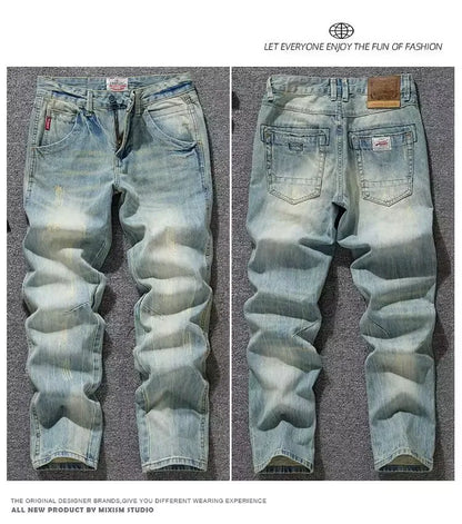 Spring Autumn Trendy Vintage Washed Jeans Men's Loose Straight Leg Fashionable Youth Casual Cotton Denim Anti-Bacterial