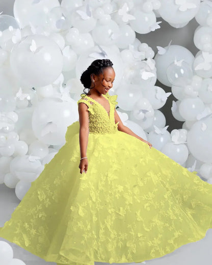 White Flower Girl Dresses for Wedding Butterfly Appliques Pearl Floor Length Girl Kids Birthday Party First Holy Communion Gown