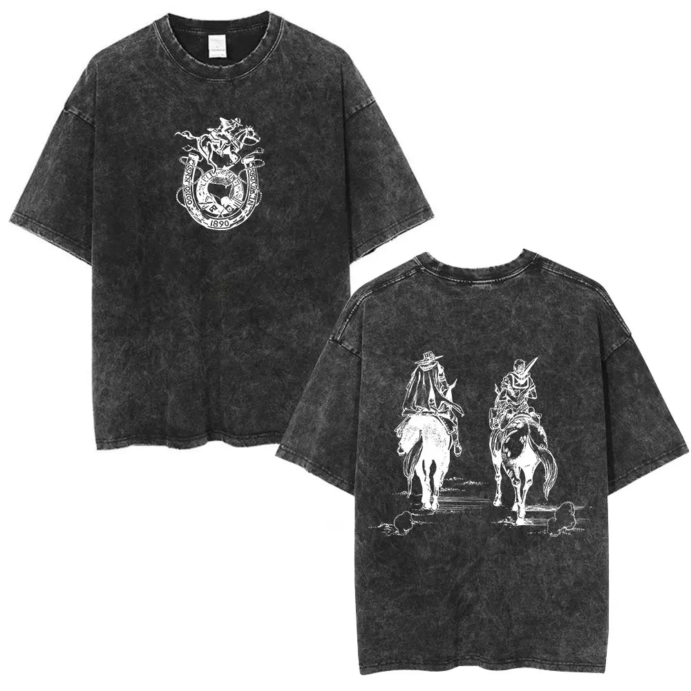 Anime Jojo Bizarre Adventure STEEL BALL RUN Manga Vintage Acid Washed T Shirt Men Women Casual Short Sleeves T-shirt Streetwear