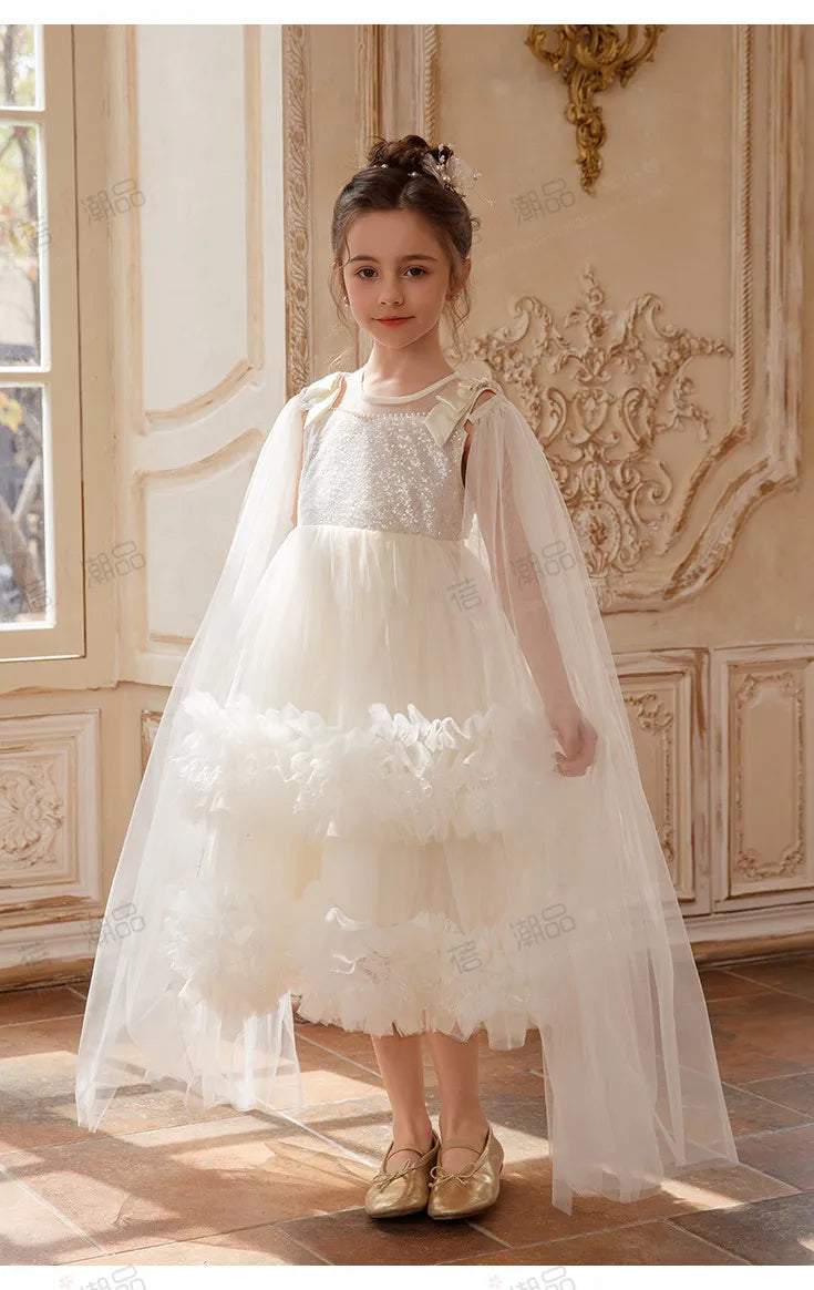 Sweet Baby Girls 2026 Summer New High-end Tulle Sequin Formal Princess Gown Kids Performance White Tulle Birthday Party Dress