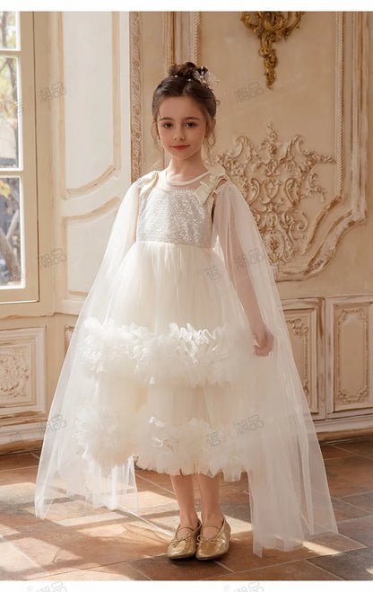 Sweet Baby Girls 2026 Summer New High-end Tulle Sequin Formal Princess Gown Kids Performance White Tulle Birthday Party Dress