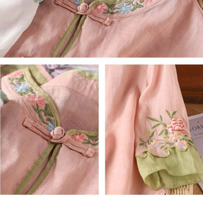 Casual Loose Blouse Shirt Women Clothes Summer Cotton Linen Ladies Tops Tee Blusas Vintage Embroidery Woman Shirt Camiseta Mujer