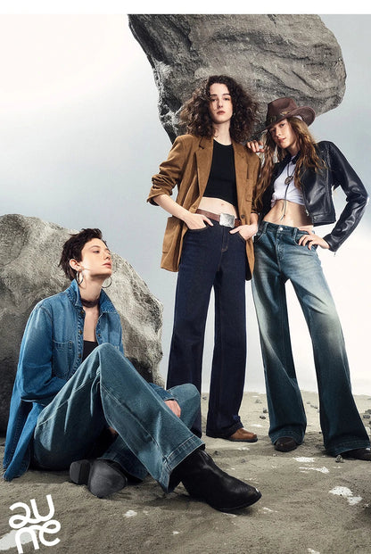 Women Denim Jeans 2025 Autumn New Lycra Stretch Washed Wide Leg Straight Long Pants
