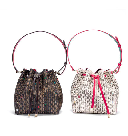 Letter Print Drawstring Opening Classic Women's Shoulder Bag Fashion Printed Bucket Bag Women's Vintage Crossbody Bag