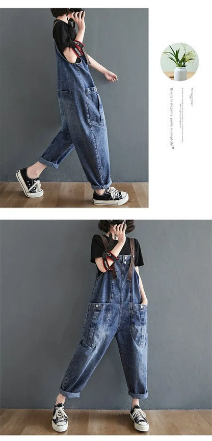Anti-Aging High Waist Loose Women's Denim Overalls Korean Sle Summer Faion Thinming Harem Nine-Piece Pants