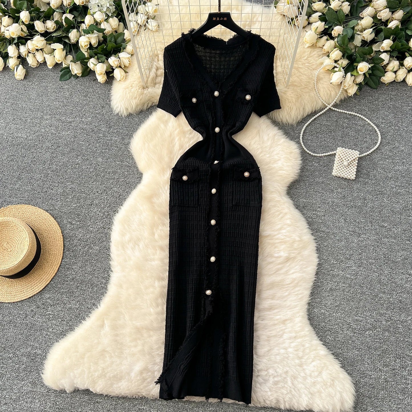 High Quality Elastic Knitted Long Sundress Women Short Sleeves Button Design Office Lady Vintage Split Slim Dress