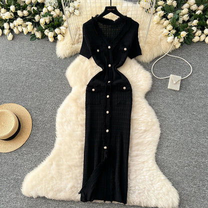 High Quality Elastic Knitted Long Sundress Women Short Sleeves Button Design Office Lady Vintage Split Slim Dress