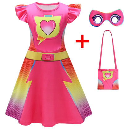 Children's SuperKitties Dresses Super Kitties Cosplay Costume Girls Flying Sleeves A-Line Dress Bag Mask Carnival Birthday Gift