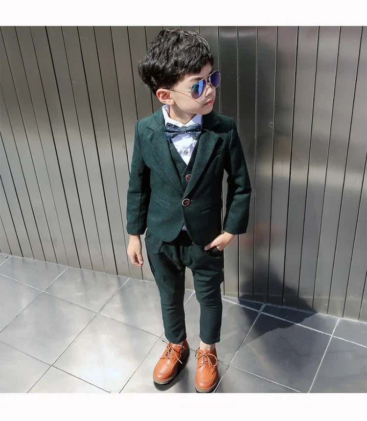 Boys Dark Green Formal Wedding Party Suit Children Blazer Vest Pants Tie 4 PCS Tuxedo Kids Performance Photography Dress Costume