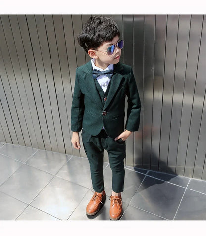 Boys Dark Green Formal Wedding Party Suit Children Blazer Vest Pants Tie 4 PCS Tuxedo Kids Performance Photography Dress Costume