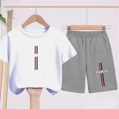 Summer Short Sleeve Children Age 3-12 Girls Boy Set White Black Tshirt+Shorts 2pcs Leisure Kids PARIS Brand Print Set