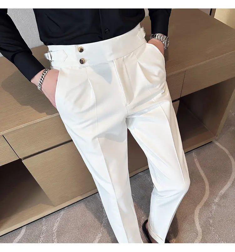 British Style Naples Solid Color High Waist Suit Pants High Quality Men Formal Business Social Party Wedding Casual Trousers