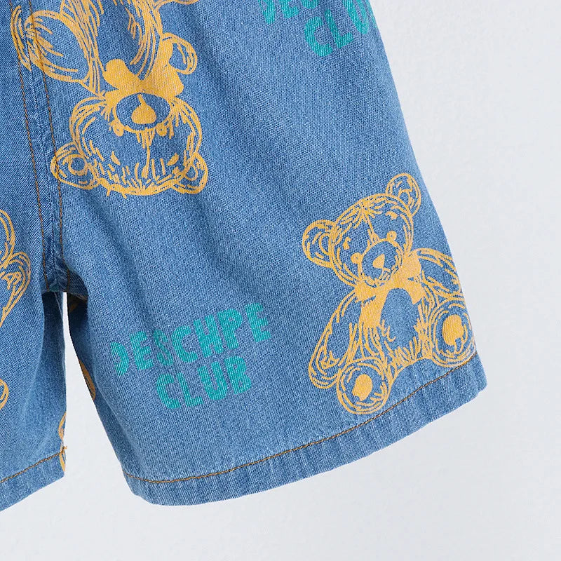 New Summer Boys Denim Clothing Sets Children Fashion Cartoon Bear Coats Shorts 2pcs Tracksuits  Infant Baby Casual Outfits Suits