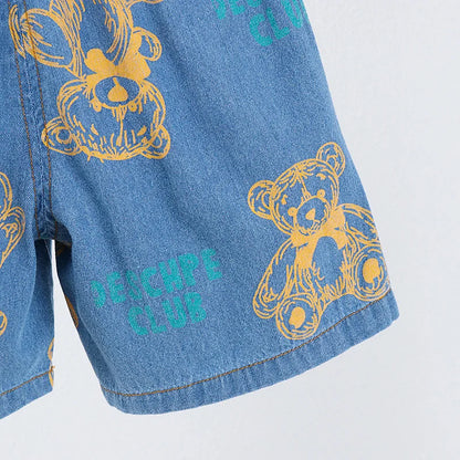 New Summer Boys Denim Clothing Sets Children Fashion Cartoon Bear Coats Shorts 2pcs Tracksuits  Infant Baby Casual Outfits Suits