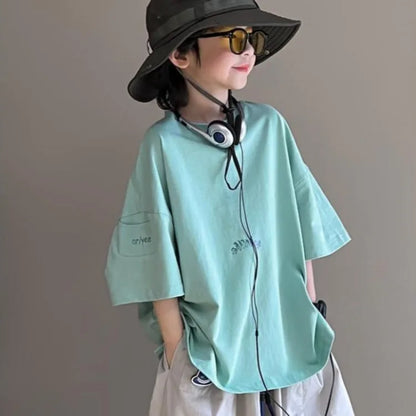New Boys' Short Sleeve T-Shirt 100% Cotton Summer Loose Fit Kids Large Size Handsome Trendy Tops
