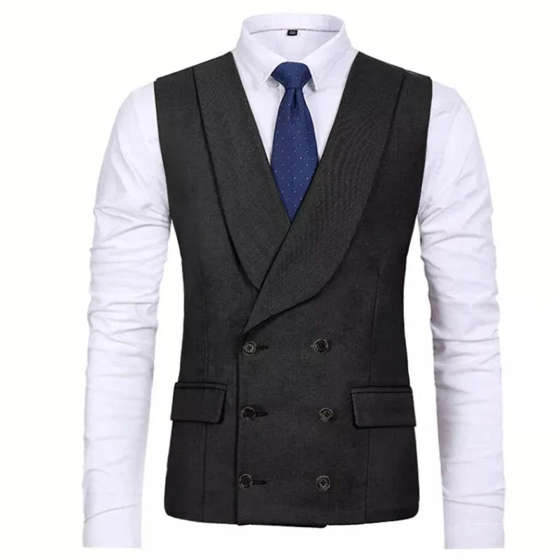Men Vest Gray Double Breasted Casual Business Waistcoat Jacket Formal Slim For Groosmen Wedding Banquet Suit