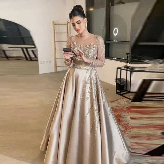 Customized Gorgeous A-line Party Dress Crew-Neck Illusion Long Sleeve Beaded Pleated Satin Applique Floor Length Prom Dresses