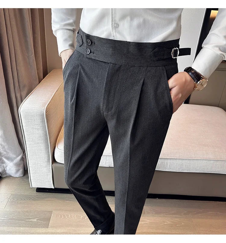 Autumn Winter High Waist Business Dress Pants Men Casual Belt Design Slim Suit Pants Formal Wedding Social Party Male Trousers
