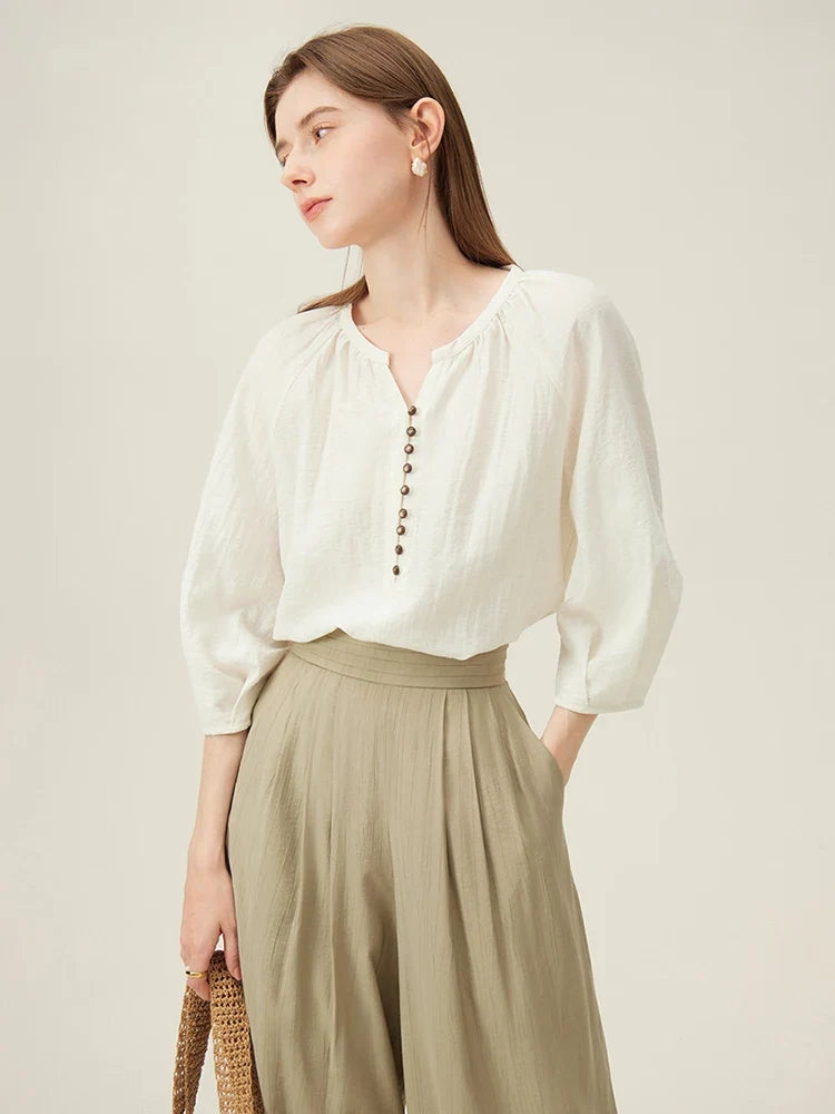 French Linen Beige Three-quarter Sleeve Elegant Summer Thin Shirts Loose Round Neck Pullover Blouses 24FS12211