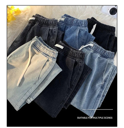 Casual Jeans Men's Baggy Straight Elastic Waist Drawstring Korea Fashion Male Vintage Denim Trousers Streetwear 3XL