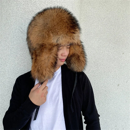 Men's Hat Winter Natural Raccoon Fur Er Hats Russian Hat Outdoor Warm Soft Luxury Quality Real Fur Cap Fur Hat for Men Caps