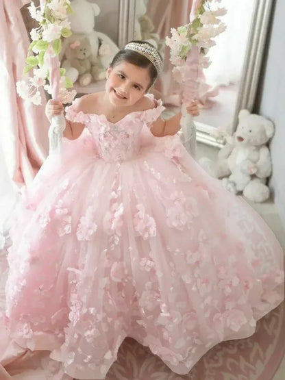 Pink 3d Applique Flower Girl Dress For Wedding Off Shoulder Luxurious Pearls Tulle Child First Eucharistic Birthday Party Dress