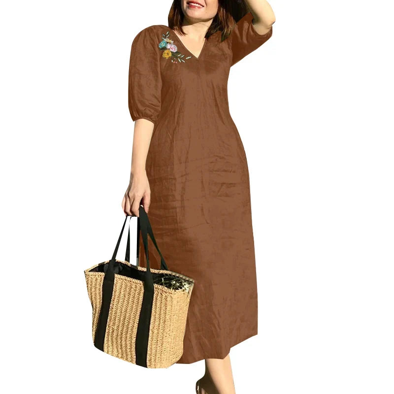 Women V Neck A-line Vestidos Solid Holiday Casual 2024 Summer Dresses Commute Half Sleeve Floral Embroidery Midi Dress