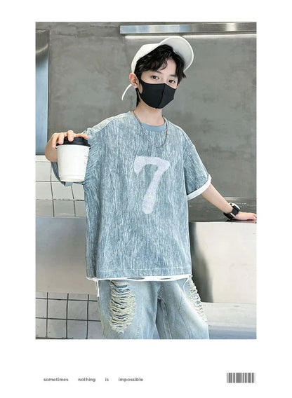 Cool Cowboy Outfit Costume Suit for Kids Child Summer Clothes Set Denim T-shirt and Ripped Shorts Clothes Set for Teens Boy 5-14