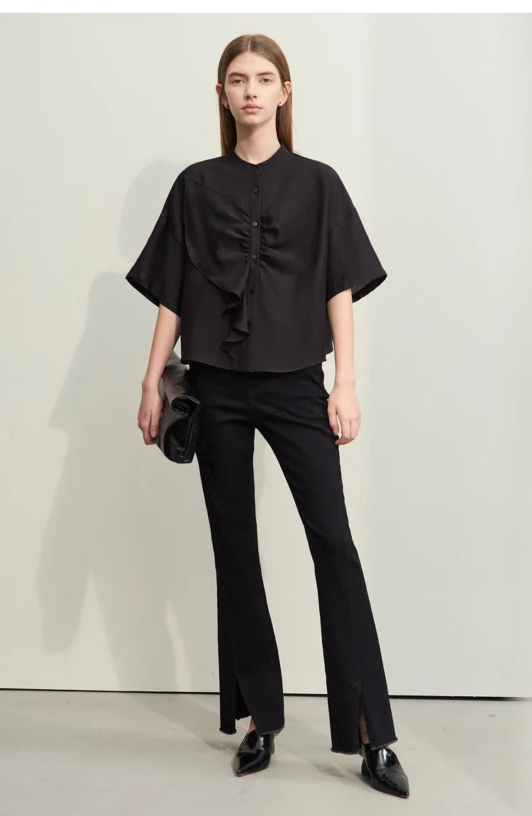 Minimalism 2025 Women Shirt Summer New Commuter Stand Collar Asymmetric Female Blouse Drop Shoulder Loose Tops 12422008