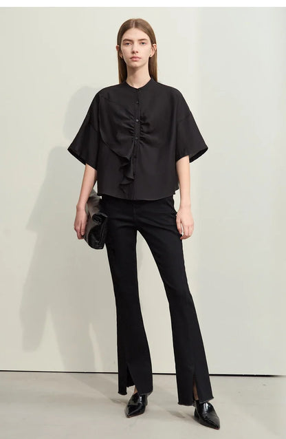 Minimalism 2025 Women Shirt Summer New Commuter Stand Collar Asymmetric Female Blouse Drop Shoulder Loose Tops 12422008