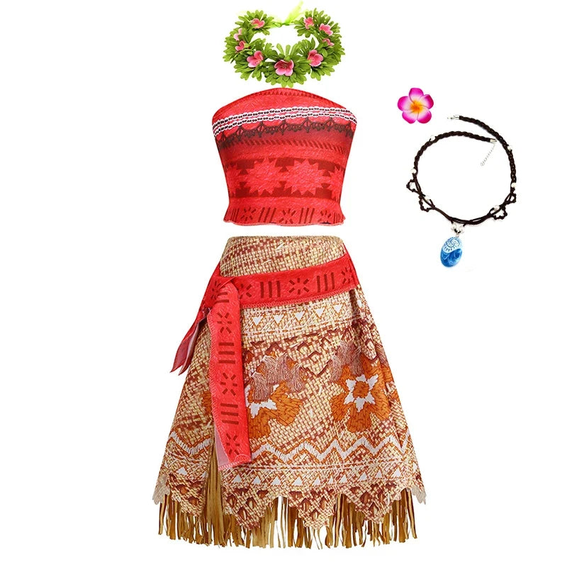 Moana Dress for Kids Girls Princess Vaiana Cosplay Carnival Children Birthday Party Headwear Necklace Pet Pig Chicken Set