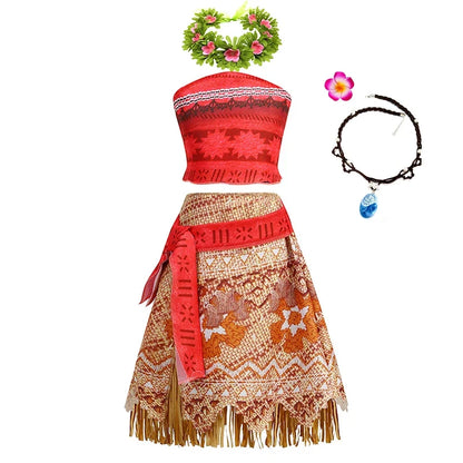 Moana Dress for Kids Girls Princess Vaiana Cosplay Carnival Children Birthday Party Headwear Necklace Pet Pig Chicken Set