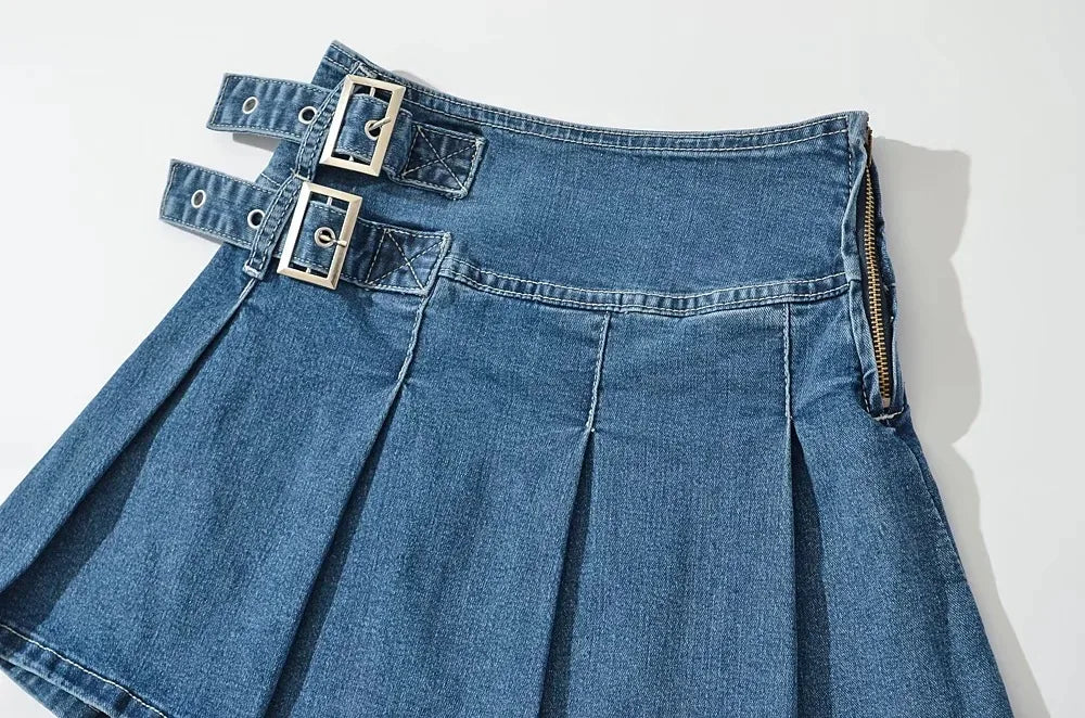 2025 Summer New TARUXY Denim Y2k Skirt with Pleats and Belt 90s E-girl Korean Skirts For Women High Street Jeans Short Bottom