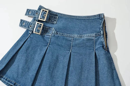 2025 Summer New TARUXY Denim Y2k Skirt with Pleats and Belt 90s E-girl Korean Skirts For Women High Street Jeans Short Bottom