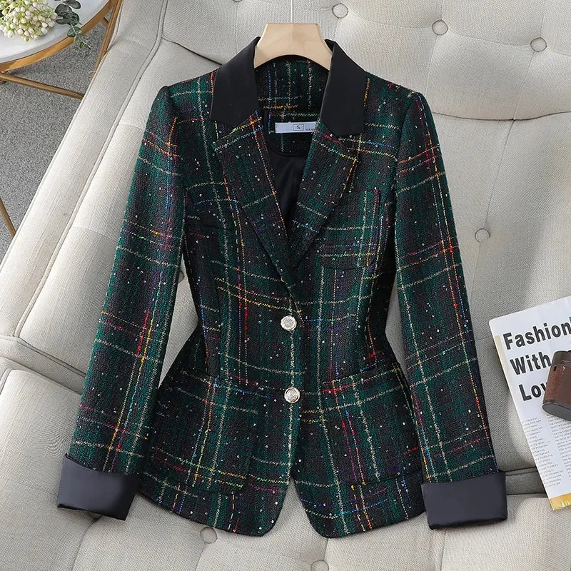 Spring Autumn Women's Blazer Jacket 2025 Casual Korean Version Ladies Suit Coat Long Sleeve Plaid Tweed Fashion Lady Outerwear