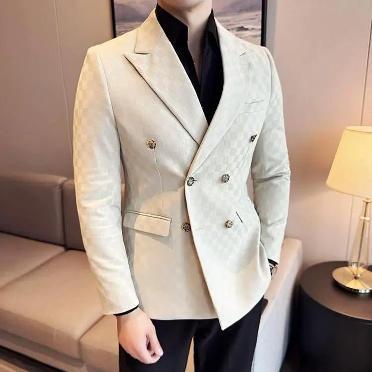 6 Color Luxury Double Breasted Blazers Coats 2024 New Fashion Checkered Business Slim Fit Social   Formal Suit Jacket 5XL-M