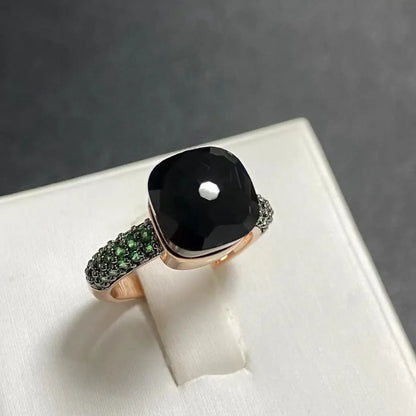 Emerald Ring for Women Green Zircon Inlay Rose Gold & Black Gun Plated 30 Colors Candy Crystal Style Jewelry Birthday Gift