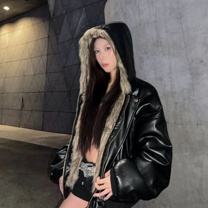 Luxury Vintage Short American Faux Fur Coat New Reversible Wear Hooded Warm Pu Leather Jacket Winter Thick Chic Outerwear New