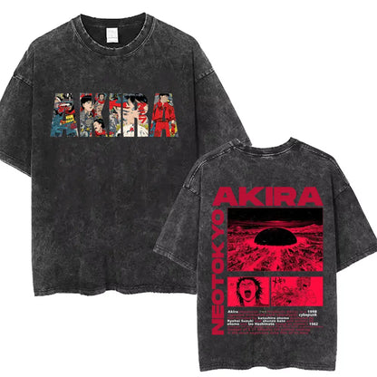 Washed Vintage Anime Akira T Shirts Japanese Science Fiction Cartoon Movie Shotaro Kaneda T-shirt Men's Manga Oversized T-shirts
