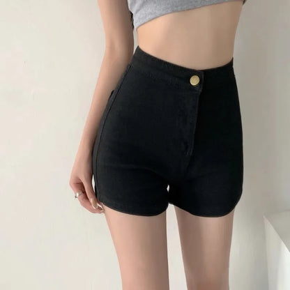 2024 New Motorcycle shorts Summer Women High Waist Button Wigh Leg Jeans Shorts Casual Female Loose Blue Denim Shorts Black