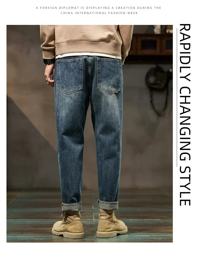 Men's Spring 2026 Loose Harem Pants Denim Retro Solid Comfortable Harajuku Straight Jeans Simple Fashion Versatile Cargo Trouser