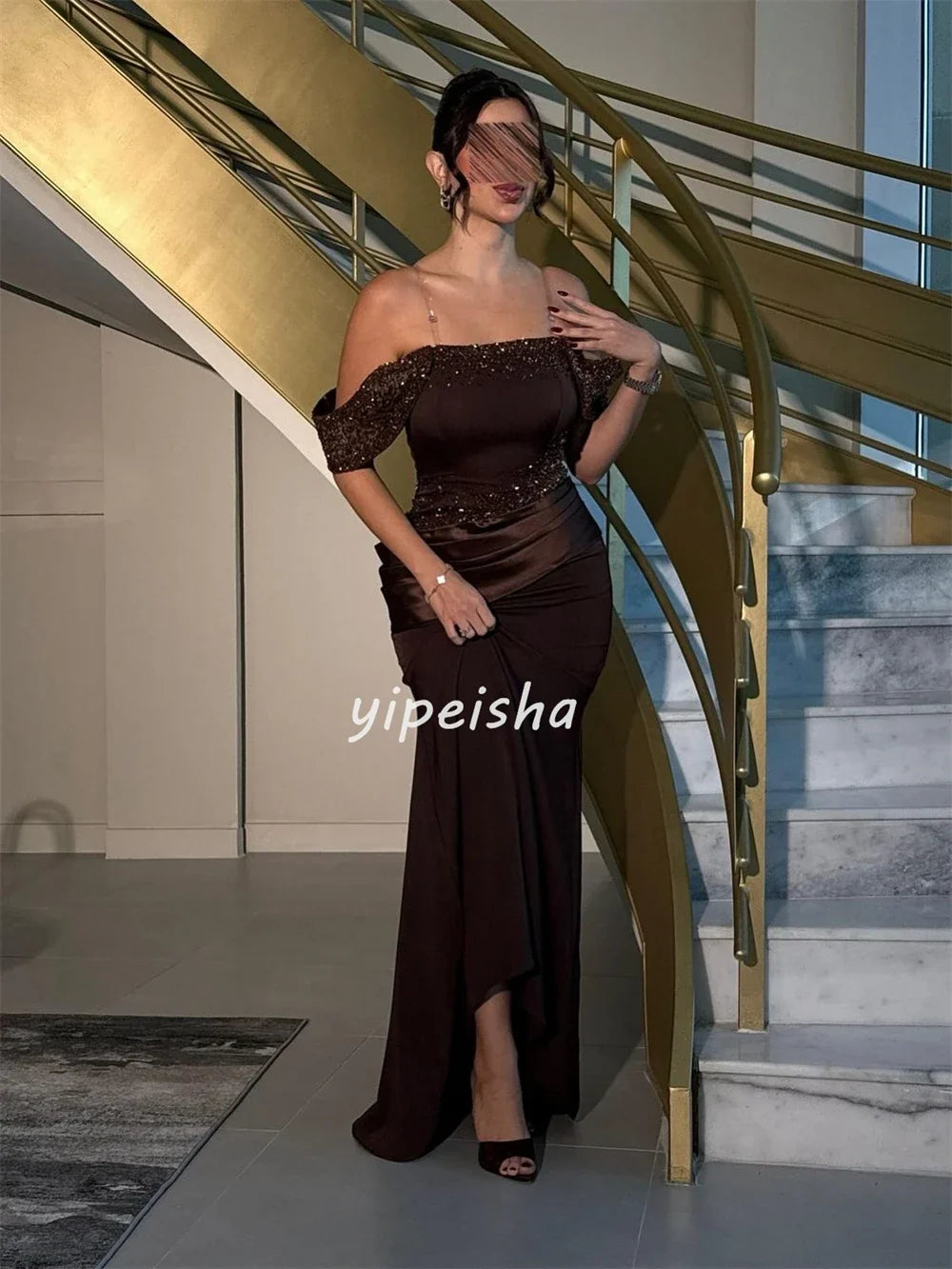 Customized Sparkle Elegant Jersey Sequined Beading A-line Off-the-shoulder Long Dresses Bespoke Occasion Dresses Modern Style