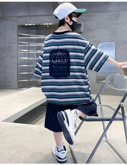 2026 Children Summer Clothes Set for Teen Boy Cotton Striped T-Shirt Shorts Two Pieces Outfit Suit Kids Clothing 5 7 9 11 13 14Y