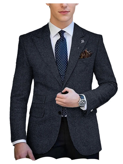 Autumn Winter Men's Herringbone Blazer Tuxedos Only Coat Wool Tweed Single Breasted Formal Bussiness/Wedding Prom Suit Jacket