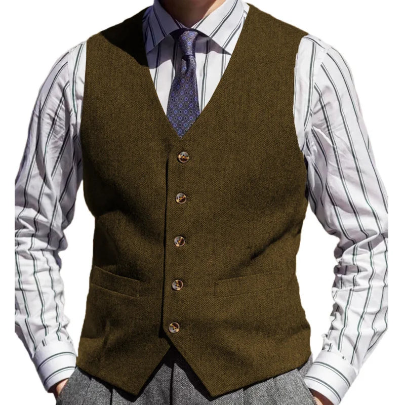 Men Vest Brown Herringbone Solid Color V Neck Waistcoat For Wedding Business Banquet Work Formal Daily Casual Men Suit Vest