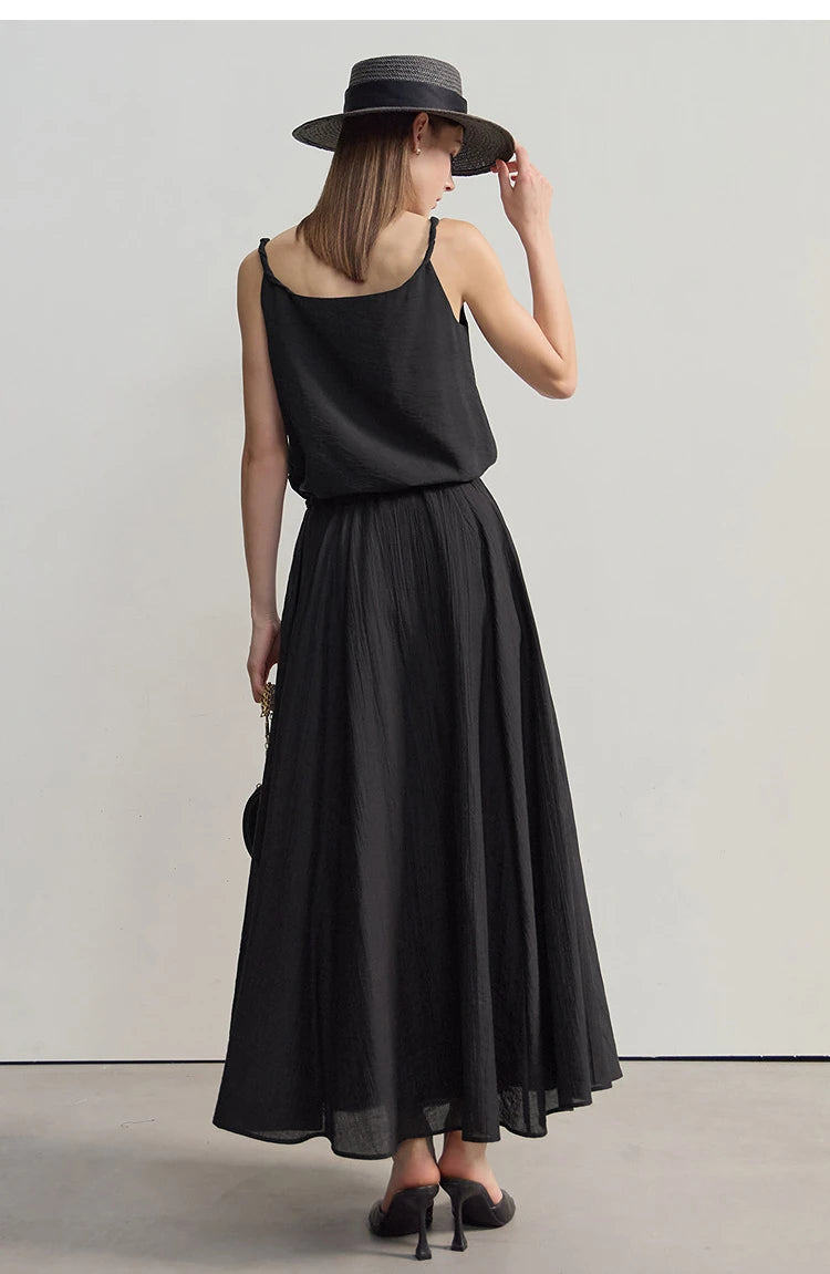 Minimalist New Summer Knee Length A-line Skirt Women Adjustable Drawstring Solid Color Commuting Style Loose Skirt 12522025